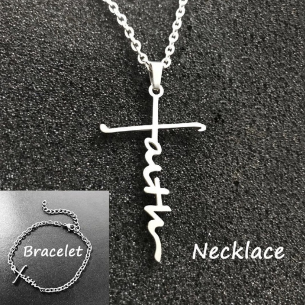 Stainless Steel Cross “Faith” Necklace and Bracelet Set